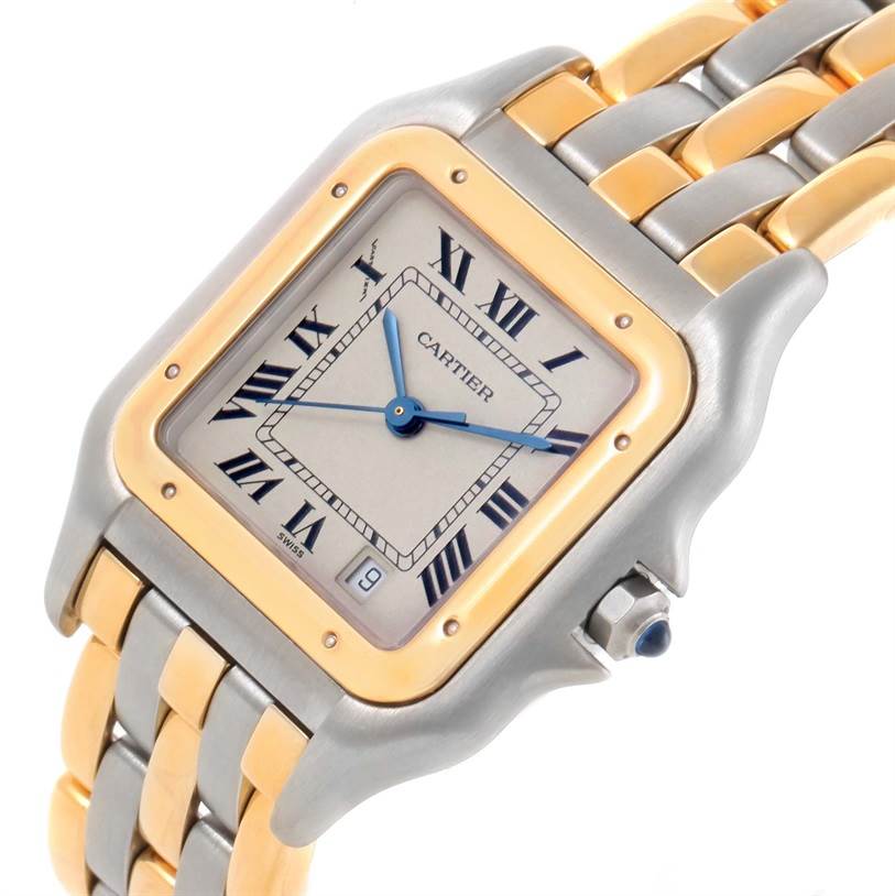 The Cartier Panthere W25028B8 Men's Steel and Gold (two tone) Beige Dial W25028B8 Men's Steel and Gold (two tone) Beige Dial watch is shown at an angled close-up, displaying the face, bezel, and parts of the dual-tone bracelet.