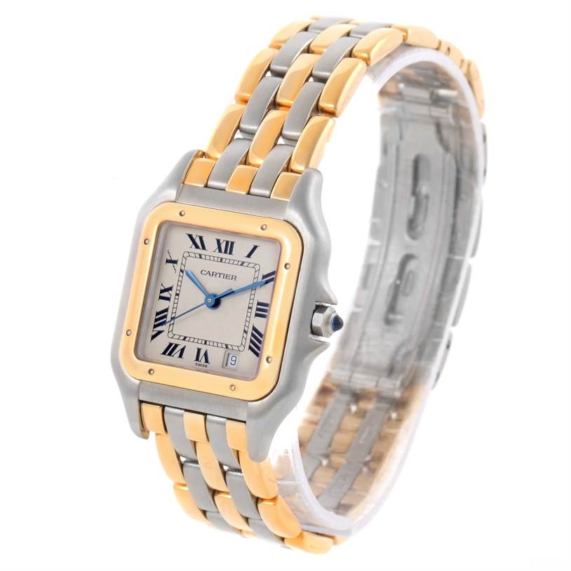 The image shows a Cartier Panthere W25028B8 Men's Steel and Gold (two tone) Beige Dial W25028B8 Men's Steel and Gold (two tone) Beige Dial watch with a view of its face, bezel, and two-tone bracelet at a slight angle.