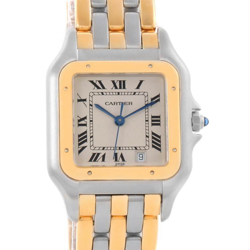 The image shows a close-up of the dial and bracelet of the Panthère de Cartier watch, featuring a two-tone design.