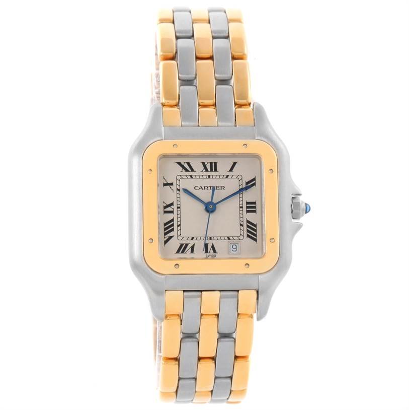 The image shows a front view of the Cartier Panthere W25028B8 Men's Steel and Gold (two tone) Beige Dial W25028B8 Men's Steel and Gold (two tone) Beige Dial watch, displaying its face and two-tone bracelet.