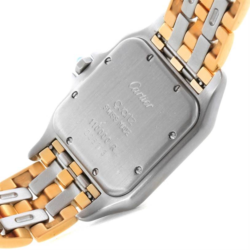 The image shows the back case and part of the dual-tone bracelet of the Cartier Panthere W25028B8 Men's Steel and Gold (two tone) Beige Dial W25028B8 Men's Steel and Gold (two tone) Beige Dial watch, viewed from an angled perspective.