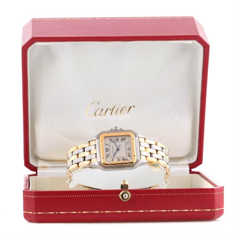 The Cartier Panthere W25028B8 Men's Steel and Gold (two tone) Beige Dial W25028B8 Men's Steel and Gold (two tone) Beige Dial watch is shown front-facing in an open red Cartier box.