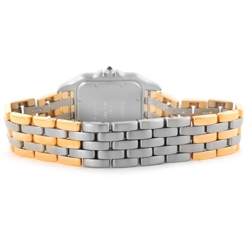 This image shows the back view of the Panthere model by Cartier, focusing on its two-tone bracelet and case back.