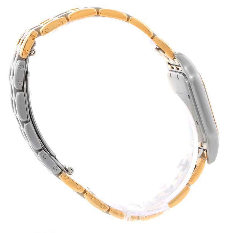 The image shows a side view of a Panthere model watch by Cartier, highlighting its metal bracelet and case back.