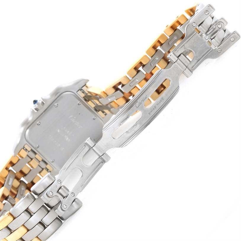 The image shows the back side and partially opened clasp of the Cartier Panthere W25028B8 Men's Steel and Gold (two tone) Beige Dial W25028B8 Men's Steel and Gold (two tone) Beige Dial watch.