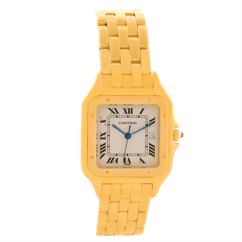 The image shows a front view of the Cartier Panthere W25014B9 Yellow Gold Silver Dial W25014B9 Yellow Gold Silver Dial model watch, featuring its gold rectangular case, Roman numeral dial, and gold bracelet.