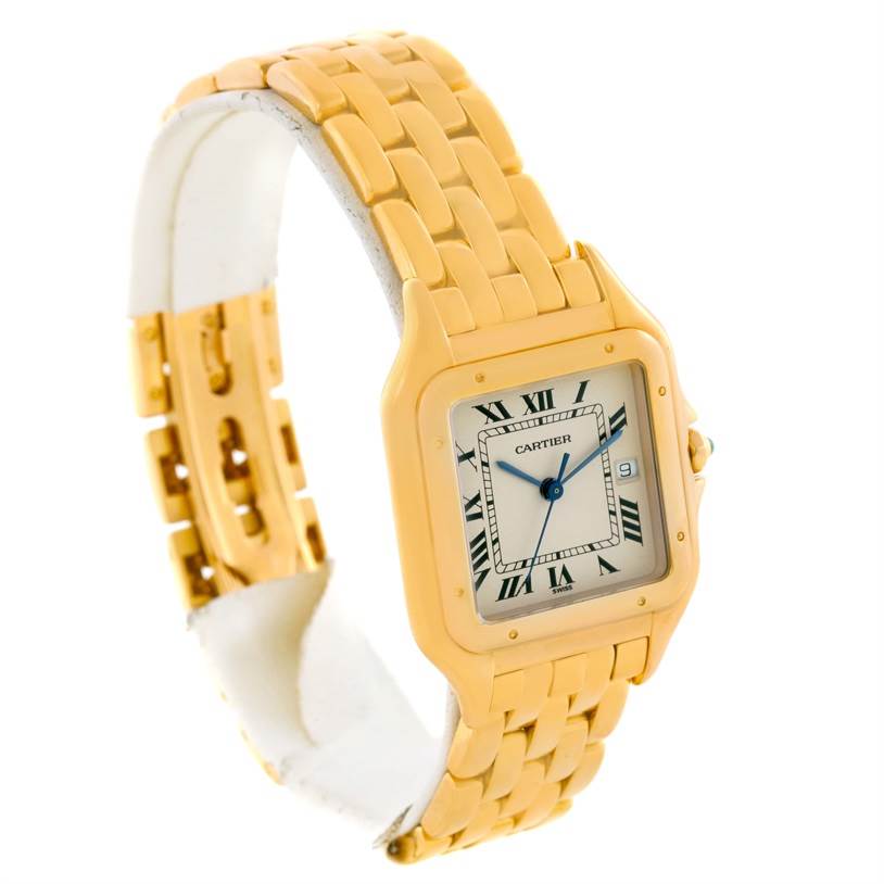 The image shows a Cartier Panthere W25014B9 Yellow Gold Silver Dial W25014B9 Yellow Gold Silver Dial watch, viewed from a three-quarter angle, displaying its face, bezel, and bracelet.