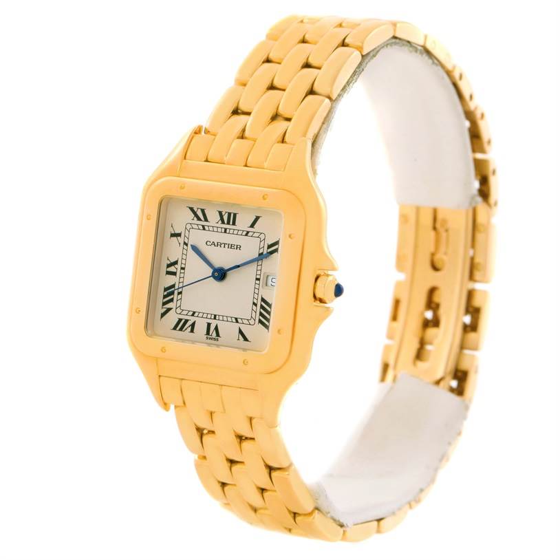 This image shows a Cartier Panthere W25014B9 Yellow Gold Silver Dial W25014B9 Yellow Gold Silver Dial model watch from a front-left angle, highlighting the dial, case, and bracelet.