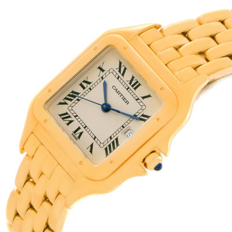 The image shows a close-up, angled view of the dial, case, and part of the bracelet of a Cartier Panthere W25014B9 Yellow Gold Silver Dial W25014B9 Yellow Gold Silver Dial watch.