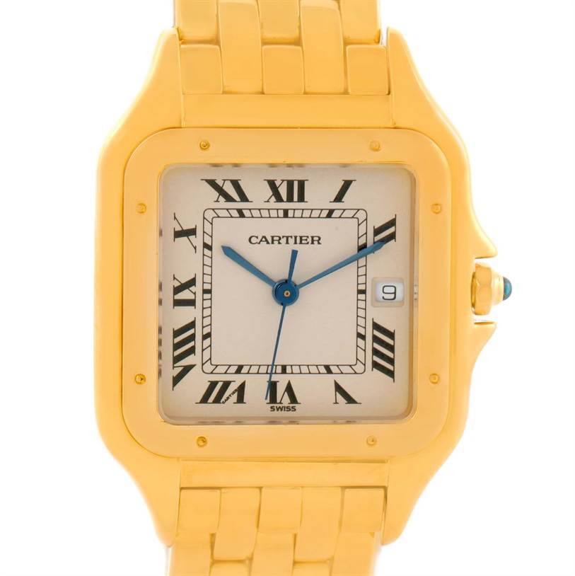 The image shows a close-up, front view of the Cartier Panthere W25014B9 Yellow Gold Silver Dial W25014B9 Yellow Gold Silver Dial watch, highlighting its face, dial, and part of the bracelet.