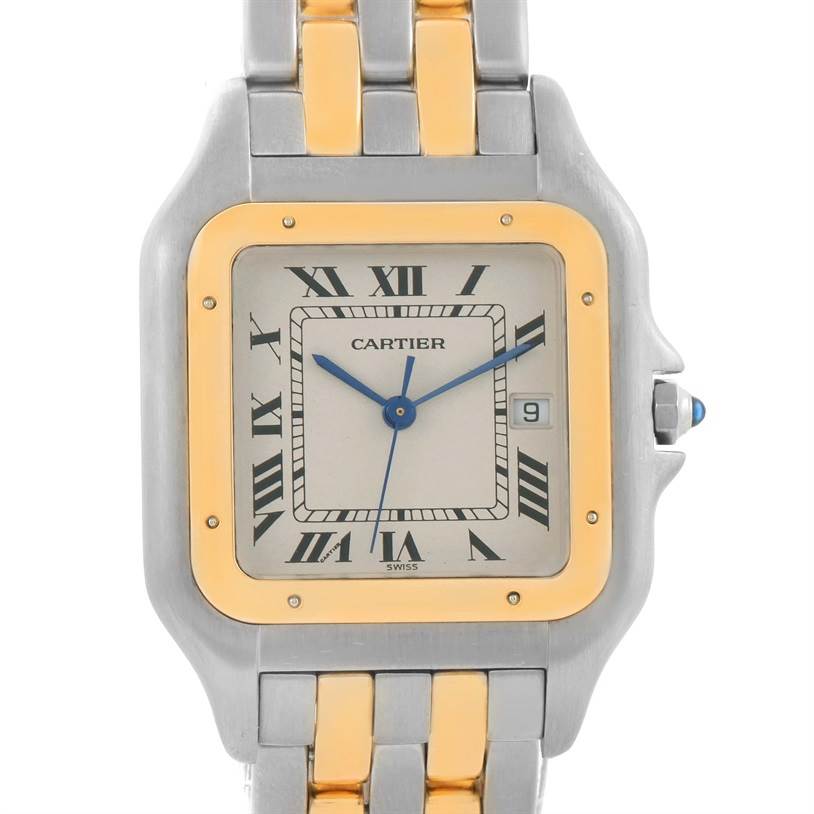 This image shows a close-up front view of the Cartier Panthère model, highlighting its dial, bezel, and part of the bracelet.