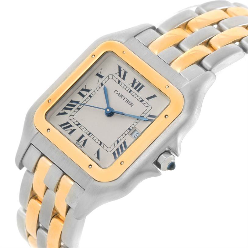 The image shows a close-up of a Cartier Panthere Men
s Steel and Gold (two tone) Silver Dial Men
s Steel and Gold (two tone) Silver Dial watch, highlighting its face, bezel, and bracelet from an angle.