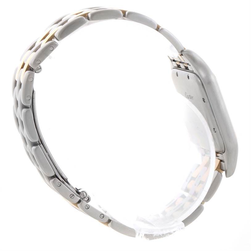 The image shows a side angle of the Cartier Panthere Men
s Steel and Gold (two tone) Silver Dial Men
s Steel and Gold (two tone) Silver Dial watch, highlighting the metal bracelet and clasp.