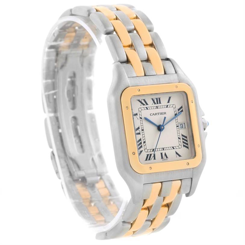 The watch shows the front view of the Panthere model by Cartier with its dual-tone bracelet and square face.
