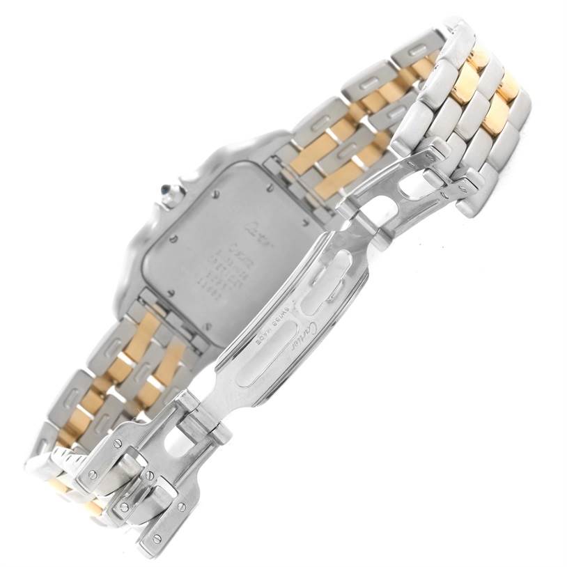 The image shows the back case and partially opened clasp of a Cartier Panthere Men
s Steel and Gold (two tone) Silver Dial Men
s Steel and Gold (two tone) Silver Dial model watch, highlighting its metal bracelet.