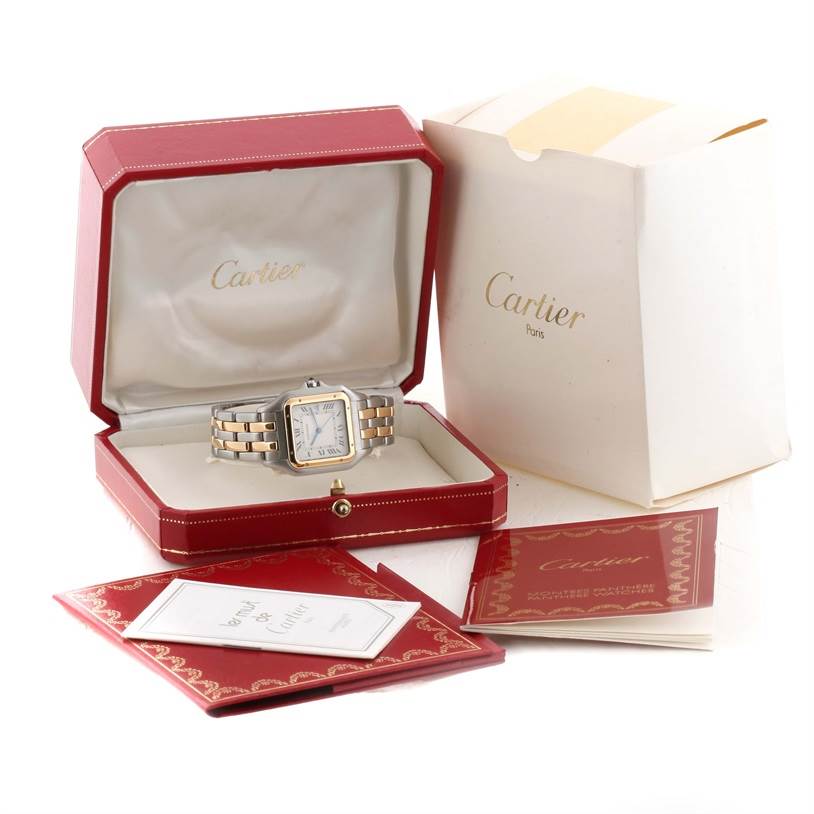 The Cartier Panthere Men
s Steel and Gold (two tone) Silver Dial Men
s Steel and Gold (two tone) Silver Dial watch is displayed in its open box, accompanied by packaging and documentation.