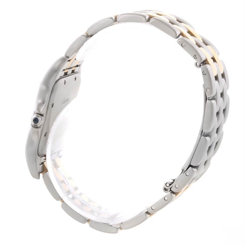 The image shows a side view of the Panthere de Cartier watch, focusing on the bracelet and case side.