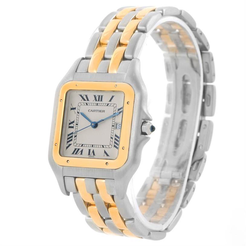 The image shows a Cartier Panthère watch at an angled side view, displaying the face, bezel, crown, and two-tone bracelet.