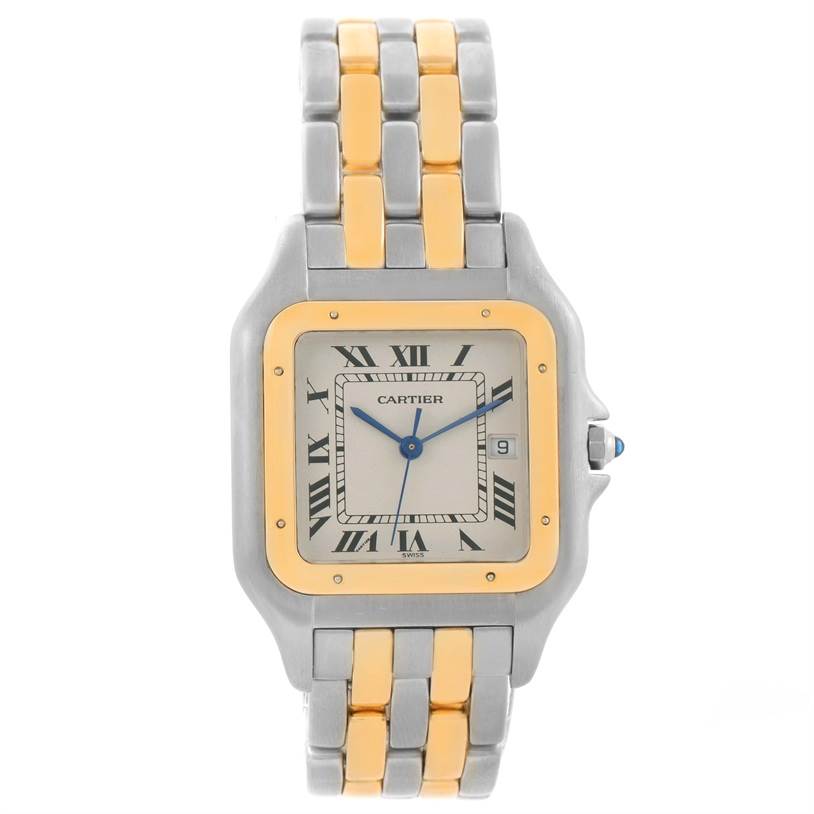 The image shows a front view of a Cartier Panthere Men
s Steel and Gold (two tone) Silver Dial Men
s Steel and Gold (two tone) Silver Dial model watch with a two-tone band and square face displaying Roman numerals.