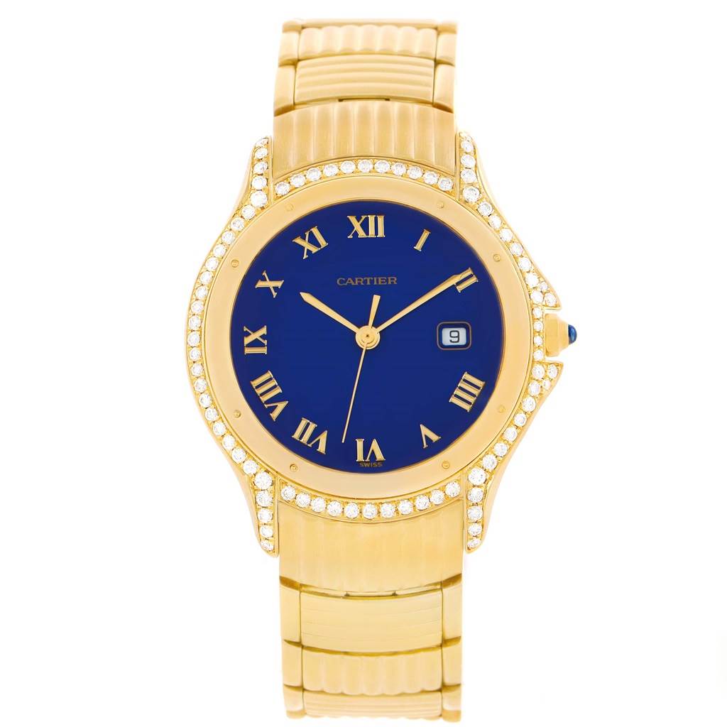 This photo shows a front view of the Cartier Panthere 11651 Women's Yellow Gold Blue Dial 11651 Women's Yellow Gold Blue Dial watch, highlighting its blue dial, gold Roman numerals, and diamond-studded bezel.