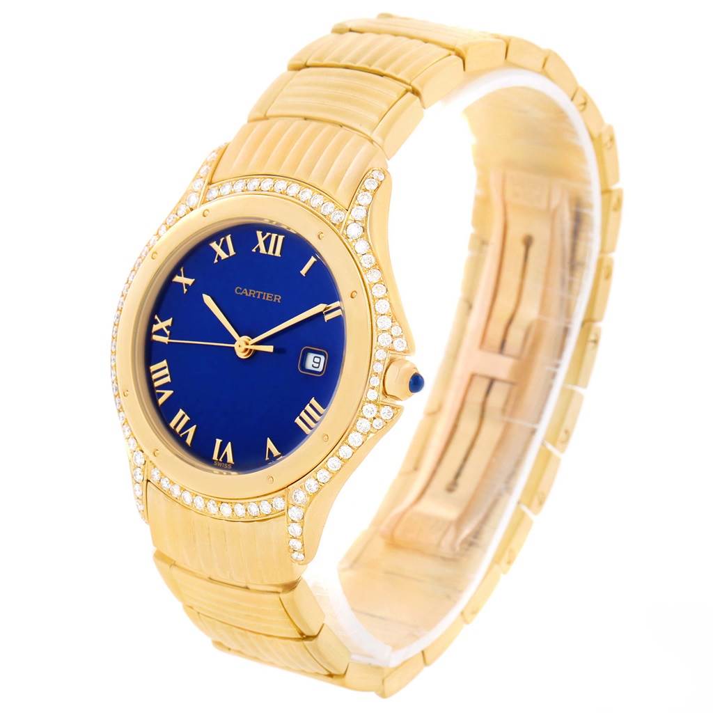 This image shows a Cartier Panthere 11651 Women's Yellow Gold Blue Dial 11651 Women's Yellow Gold Blue Dial watch at a slight angle, highlighting the face, bezel, and part of the gold bracelet.
