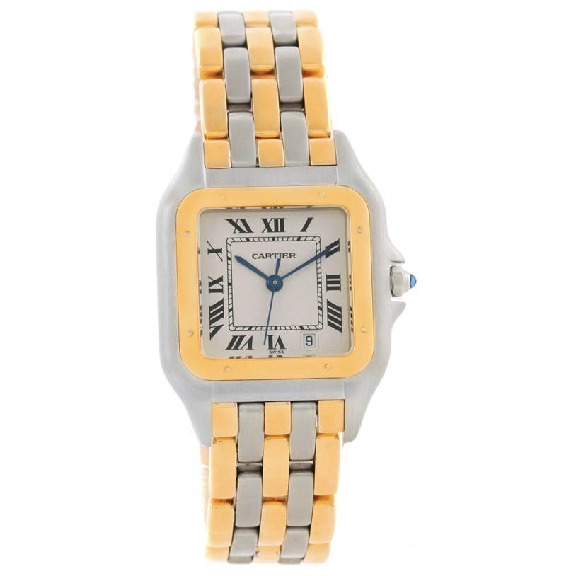 This image shows a front view of the Panthère de Cartier watch, displaying its dial, bezel, and two-tone metal bracelet.