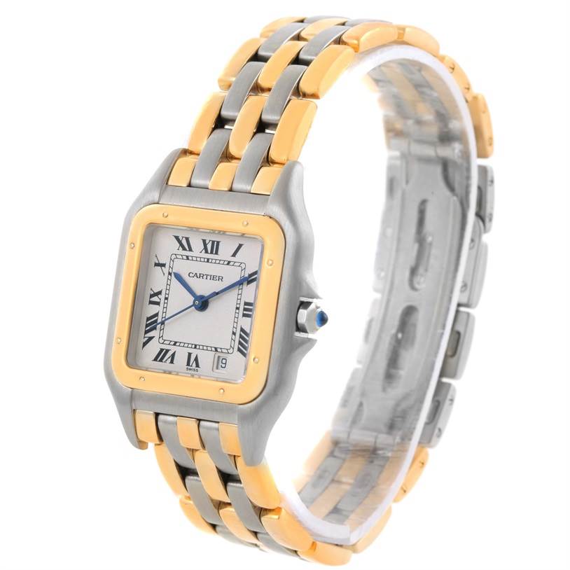 The image shows a Panthere de Cartier watch at an angled side view featuring its face and two-tone bracelet.