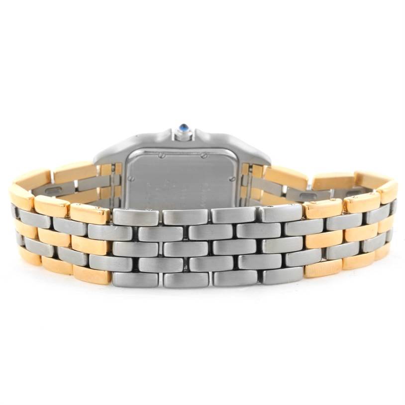 This image shows the back of the Cartier Panthere W25028B8 Steel and Gold (two tone) Silver Dial W25028B8 Steel and Gold (two tone) Silver Dial watch, featuring a two-tone metal bracelet and case back.