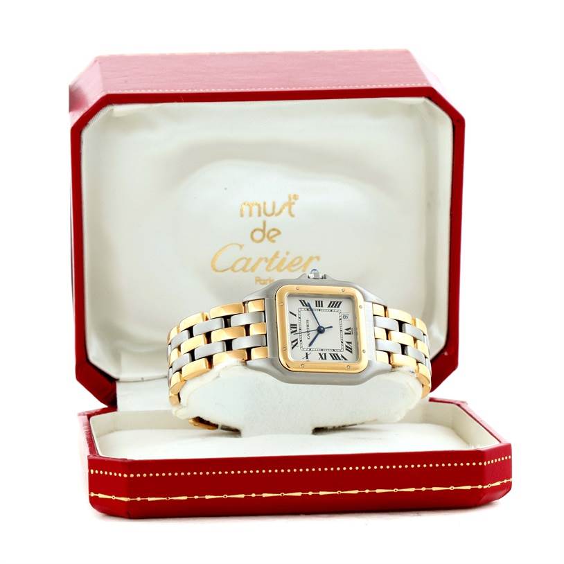 The Cartier Panthere W25028B8 Steel and Gold (two tone) Silver Dial W25028B8 Steel and Gold (two tone) Silver Dial watch is displayed frontally, showing the face and band, inside an open red and white box.