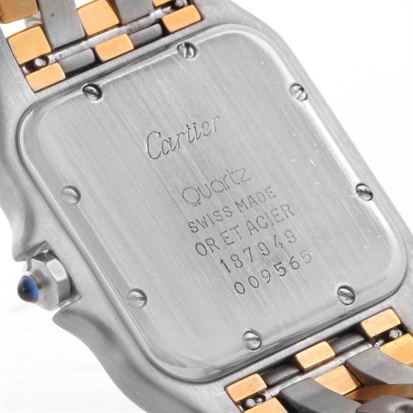 The image shows the back case and part of the bracelet of a Cartier Panthere W25028B8 Steel and Gold (two tone) Silver Dial W25028B8 Steel and Gold (two tone) Silver Dial watch.