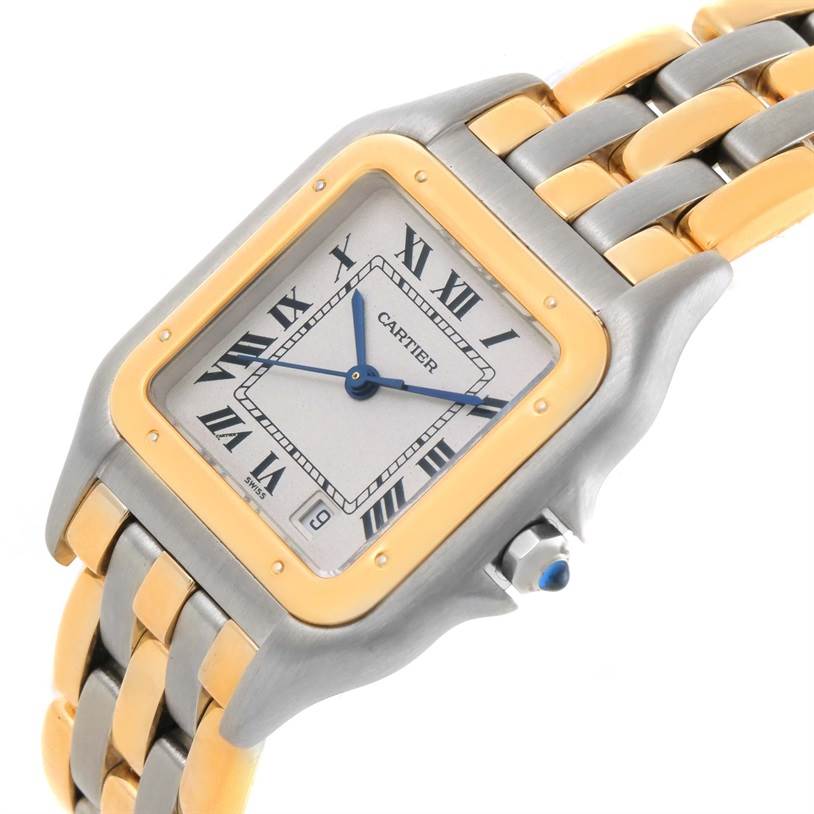 The image shows a close-up of the Cartier Panthere W25028B8 Steel and Gold (two tone) Silver Dial W25028B8 Steel and Gold (two tone) Silver Dial watch, focusing on the face, bezel, and two-tone bracelet at a slight angle.