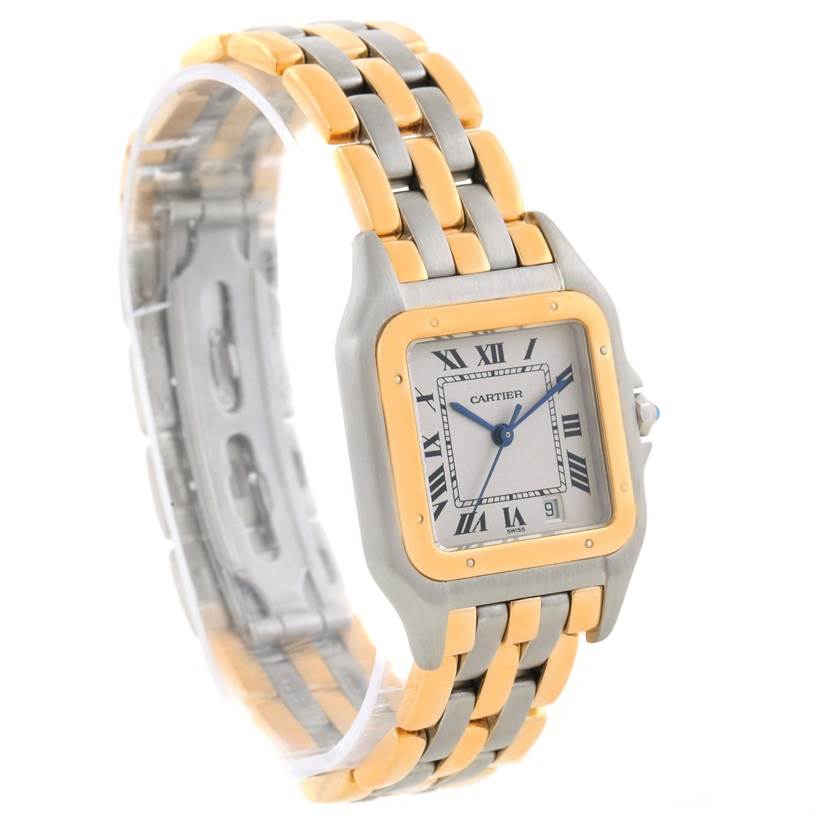 The image shows a Cartier Panthere W25028B8 Steel and Gold (two tone) Silver Dial W25028B8 Steel and Gold (two tone) Silver Dial watch at an angle highlighting its face and two-tone bracelet band.