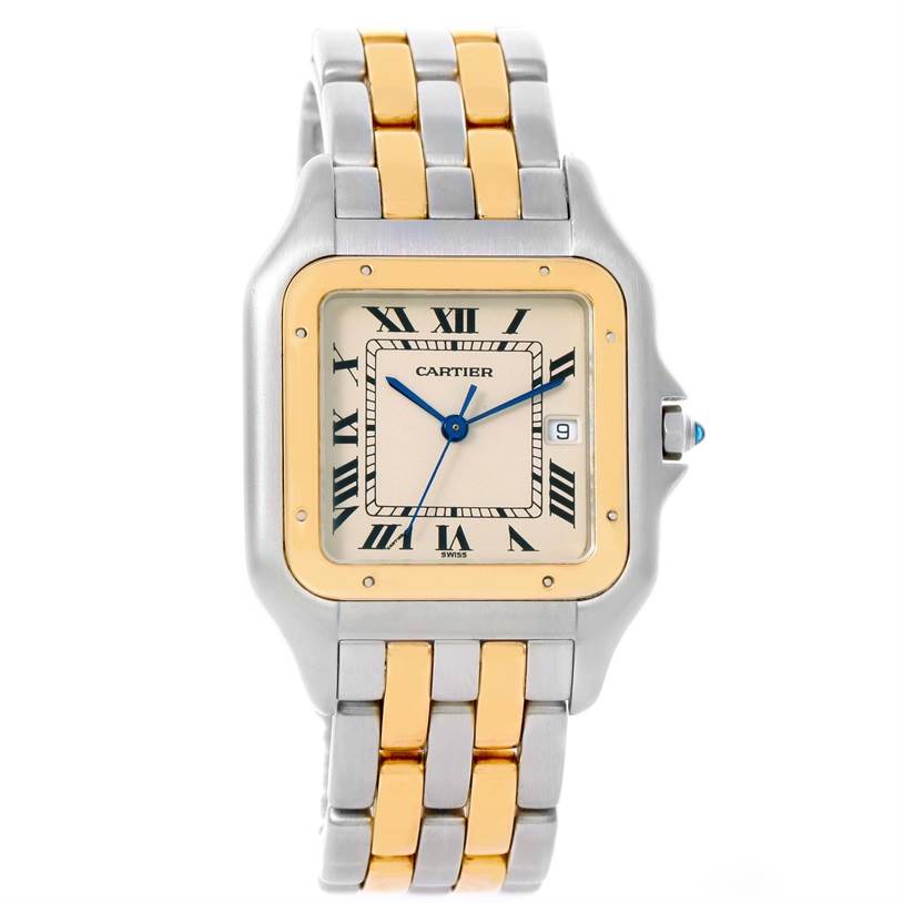 The image shows a front view of the Cartier Panthère watch, highlighting its two-tone metal bracelet, square dial, and Roman numeral markers.