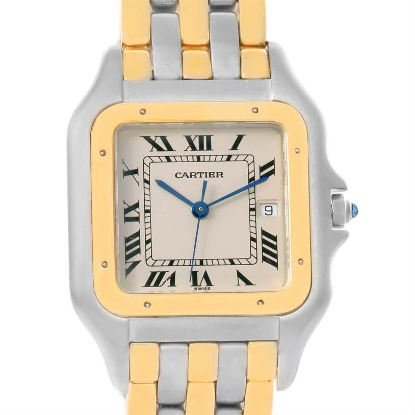 The image shows a front view of a Cartier Panthere Steel and Gold (two tone) Silver Dial Steel and Gold (two tone) Silver Dial watch, highlighting the face, bezel, crown, and part of the bracelet.