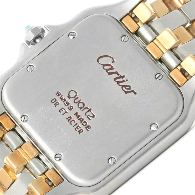 This image shows the back case and part of the bracelet of the Cartier Panthere Steel and Gold (two tone) Silver Dial Steel and Gold (two tone) Silver Dial quartz watch.