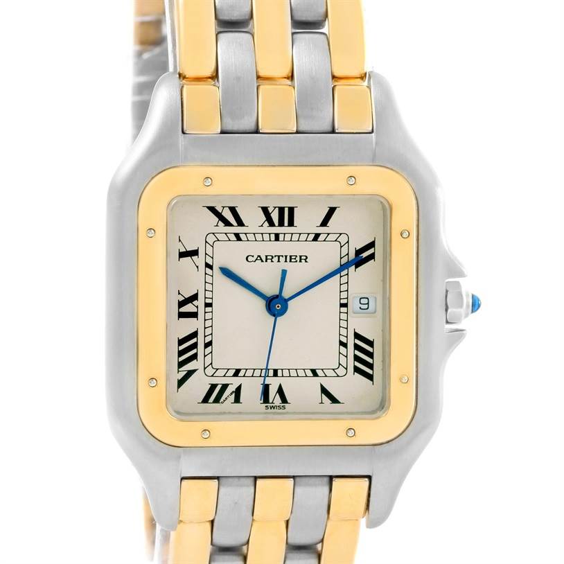 The image shows a front view of the Cartier Panthere Steel and Gold (two tone) Silver Dial Steel and Gold (two tone) Silver Dial watch, highlighting the two-tone bracelet, dial, and crown.