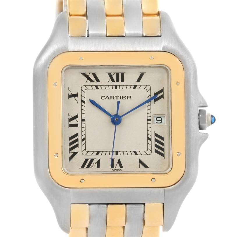 The image shows a front view of the Cartier Panthere 183957 Steel and Gold (two tone) Silver Dial 183957 Steel and Gold (two tone) Silver Dial watch, highlighting its face, bezel, and part of the bracelet.