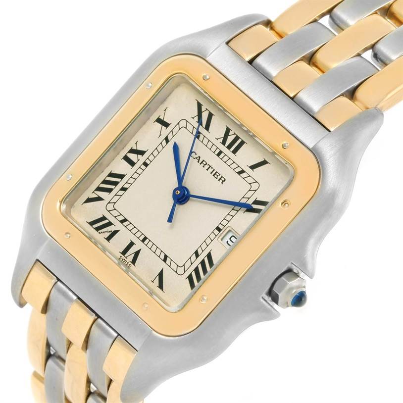 The image shows a close-up view of the Cartier Panthere 183957 Steel and Gold (two tone) Silver Dial 183957 Steel and Gold (two tone) Silver Dial watch's face and part of its two-tone bracelet.
