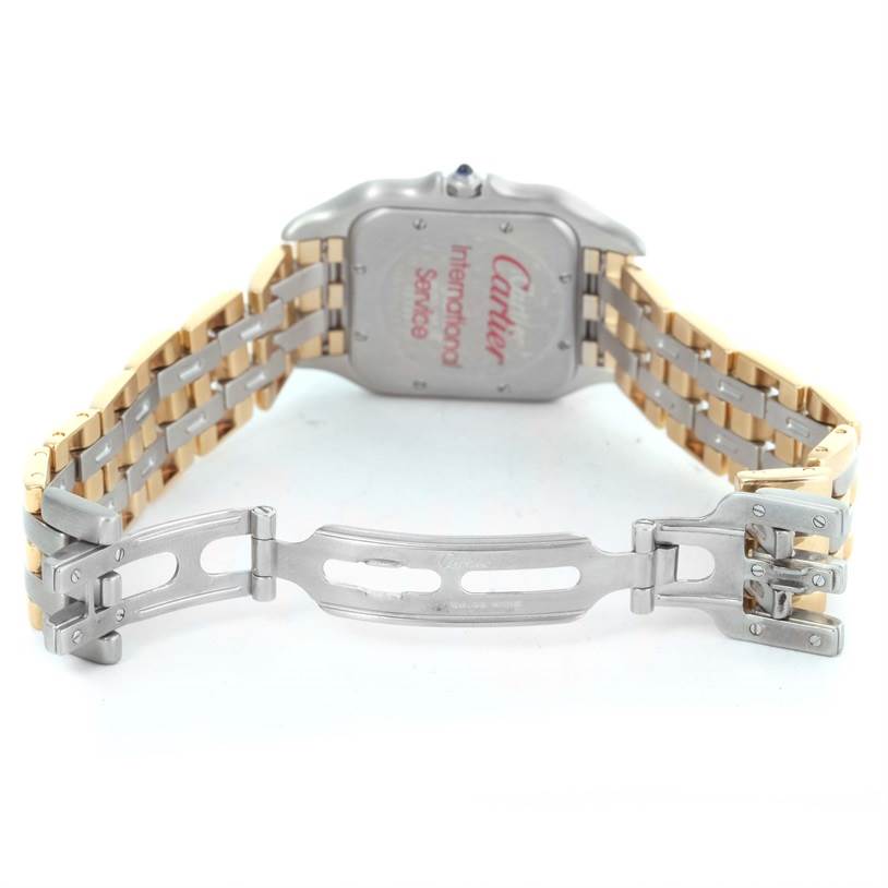 The image shows the opened clasp and back view of the Cartier Panthere 183957 Steel and Gold (two tone) Silver Dial 183957 Steel and Gold (two tone) Silver Dial watch.