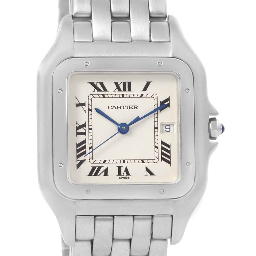 The image shows a close-up of the Cartier Panthere W25032P5 Men's Stainless Steel Silver Dial W25032P5 Men's Stainless Steel Silver Dial model watch's face, bezel, and part of the bracelet.