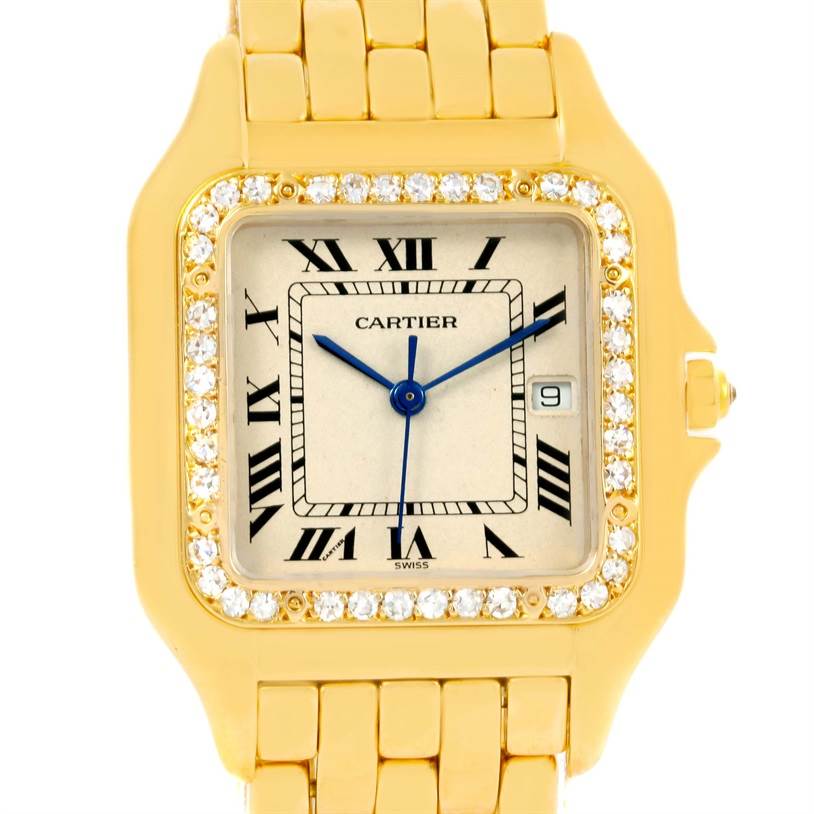 The image shows a close-up of the Cartier Panthere W25014B9 Yellow Gold Silver Dial W25014B9 Yellow Gold Silver Dial watch face and part of its gold bracelet.