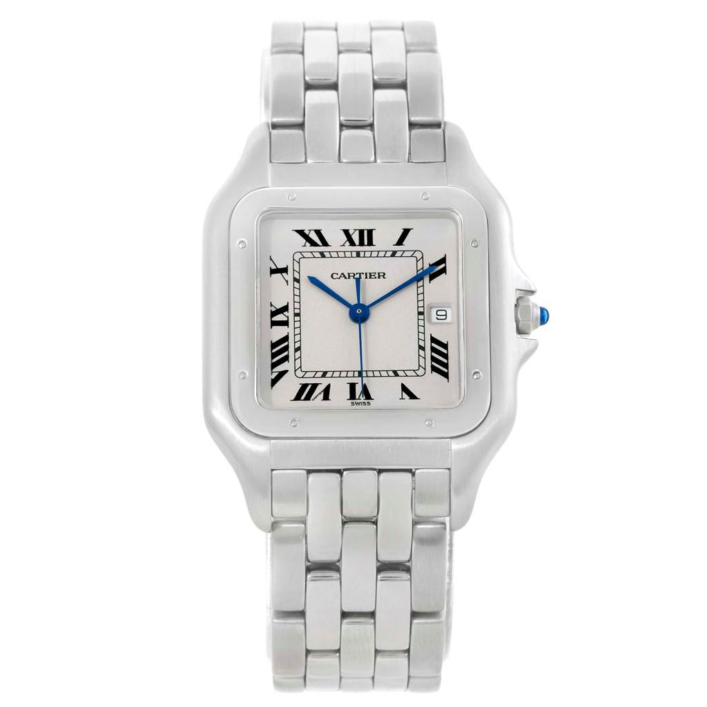 The image shows a front view of a Cartier Panthere W25032P5 Men's Stainless Steel Silver Dial W25032P5 Men's Stainless Steel Silver Dial watch, highlighting its face, bezel, and bracelet.