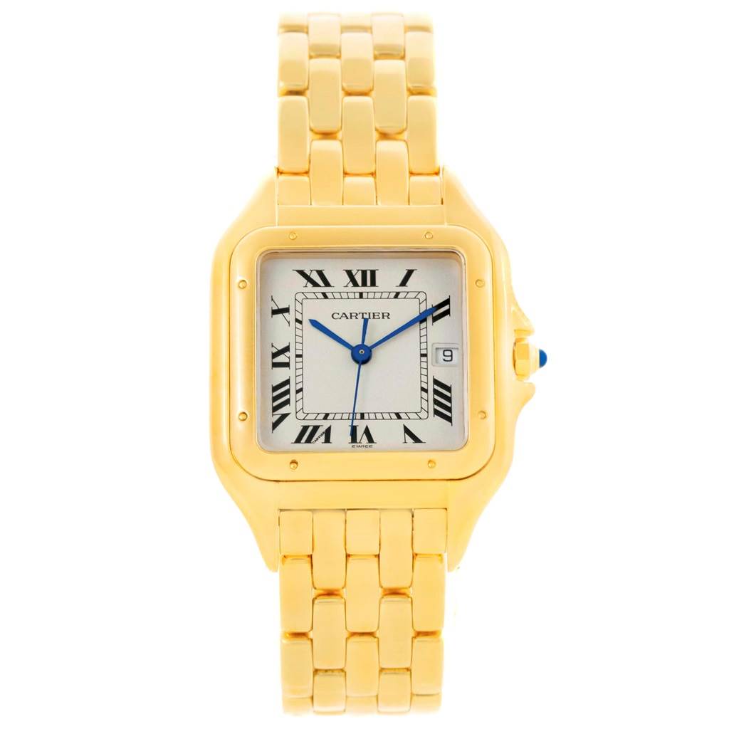 The image shows a front view of the Cartier Panthere W25014B9 Men's Yellow Gold Silver Dial W25014B9 Men's Yellow Gold Silver Dial watch, highlighting its gold bracelet, square dial, and Roman numerals.