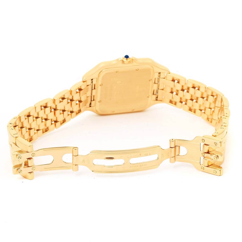 The image shows the back case and open clasp of the gold bracelet on a Cartier Panthere W25014B9 Men's Yellow Gold Silver Dial W25014B9 Men's Yellow Gold Silver Dial model watch.