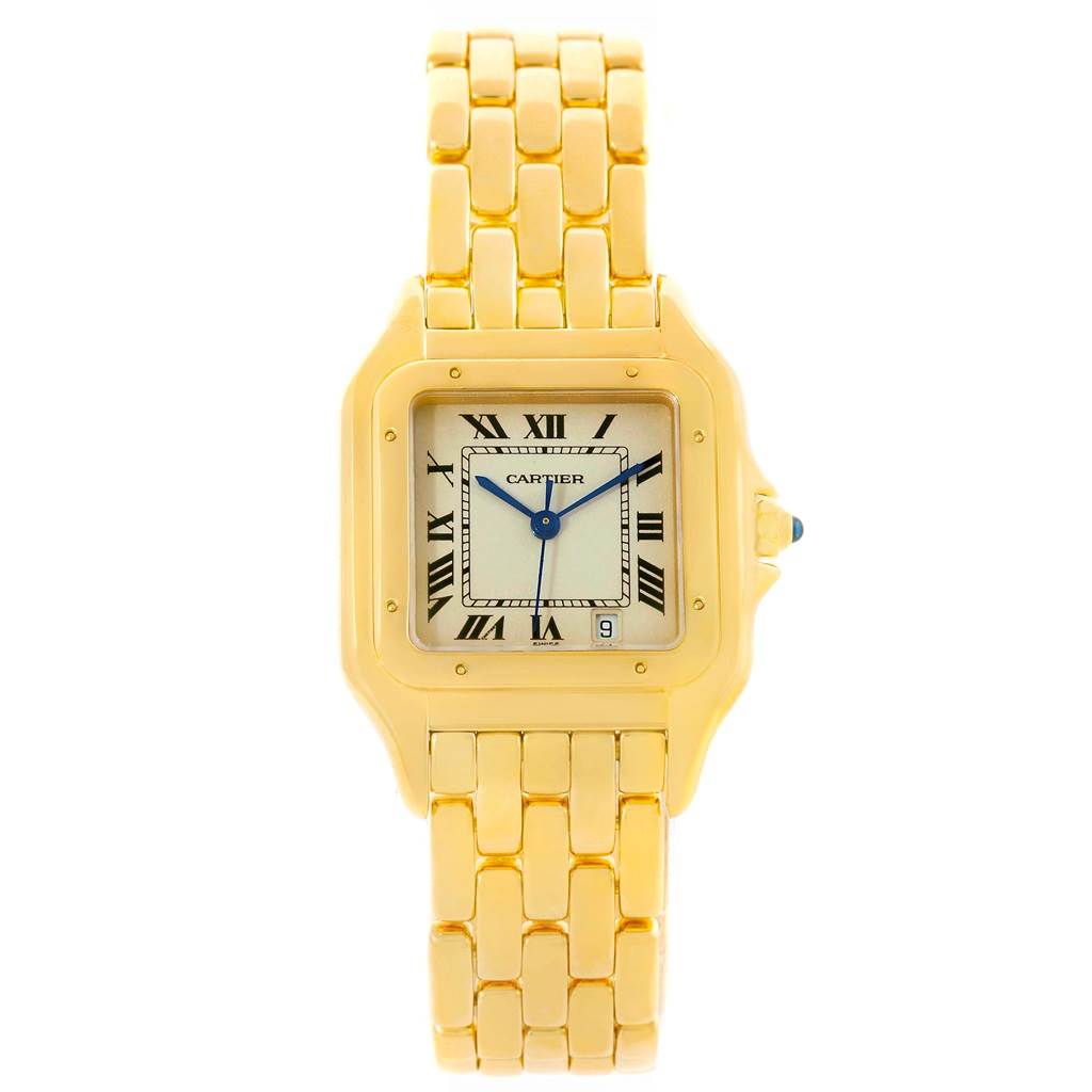 This image shows a frontal view of a gold Cartier Panthere W25028B6 Yellow Gold Silver Dial W25028B6 Yellow Gold Silver Dial watch, featuring its case, bracelet, dial, and hands.