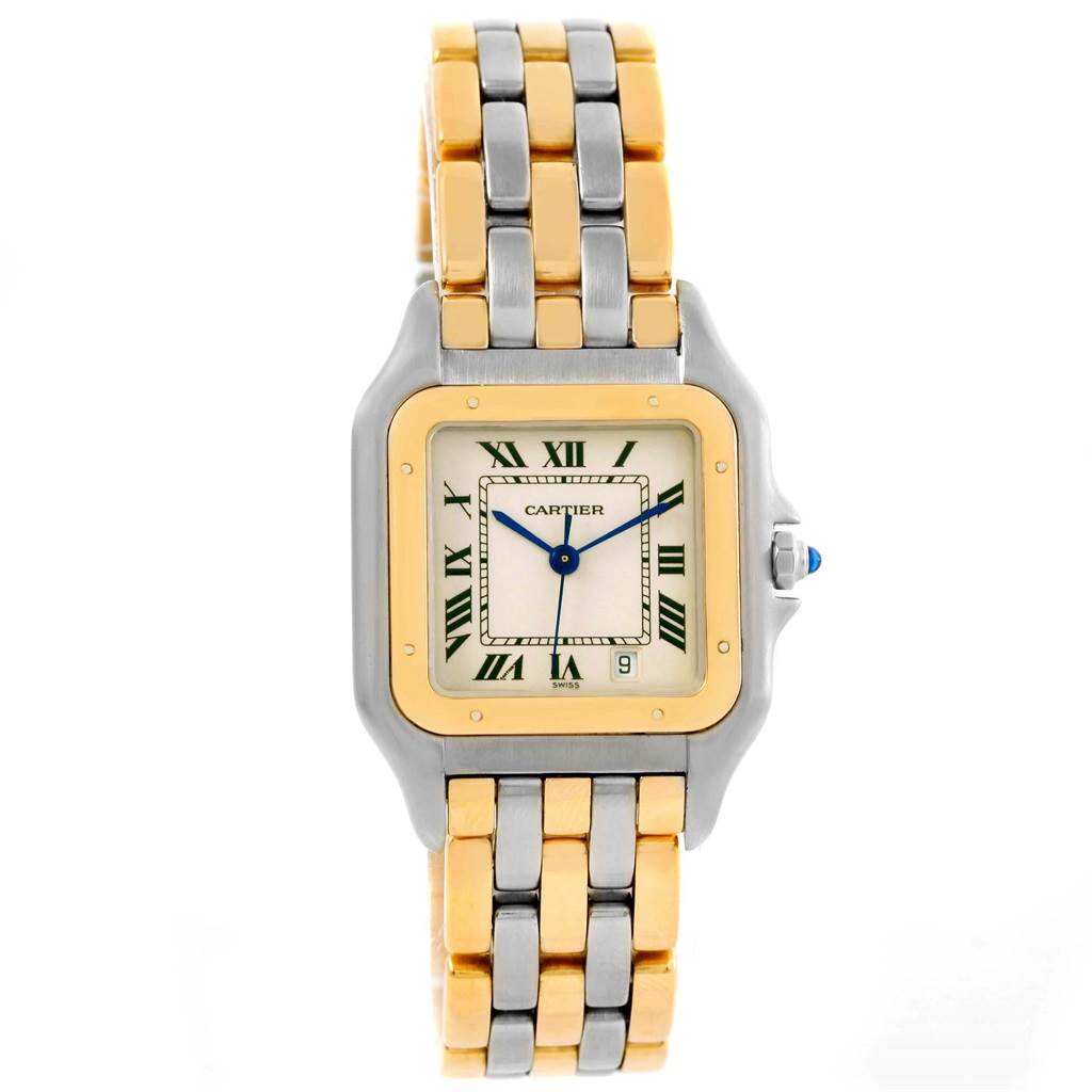 The image shows a front view of the Cartier Panthere W25028B6 Steel and Gold (two tone) Silver Dial W25028B6 Steel and Gold (two tone) Silver Dial watch, highlighting its two-tone bracelet and square-shaped dial with Roman numerals.
