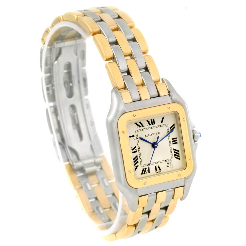 The image shows a Panthere model by Cartier, highlighting the two-tone metal bracelet and square dial at an angled view.
