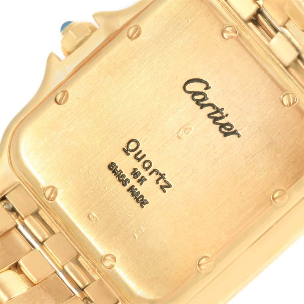 This image shows the case back and part of the bracelet of a Cartier Panthère quartz watch.