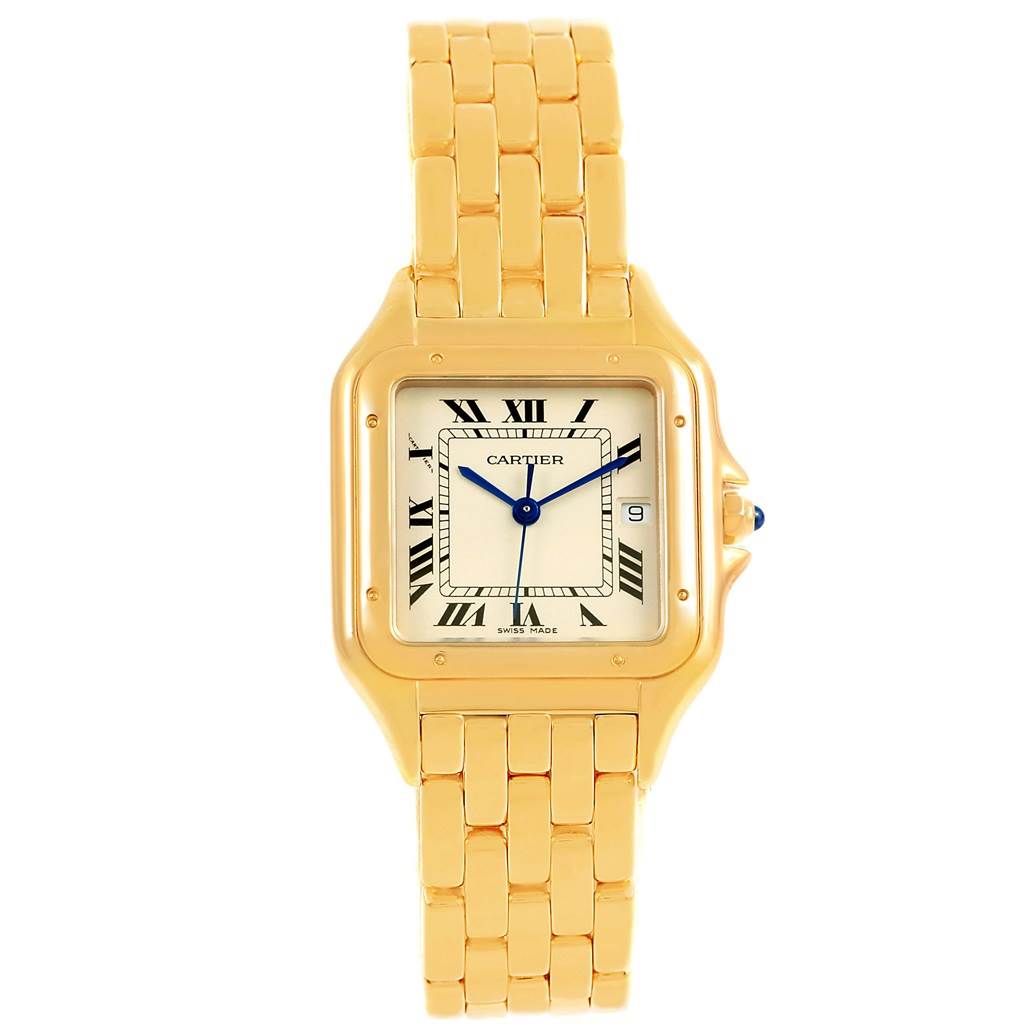 The image shows a front view of the Cartier Panthere W25014B9 Yellow Gold Silver Dial W25014B9 Yellow Gold Silver Dial watch, highlighting the gold bracelet, square case, and Roman numeral dial.