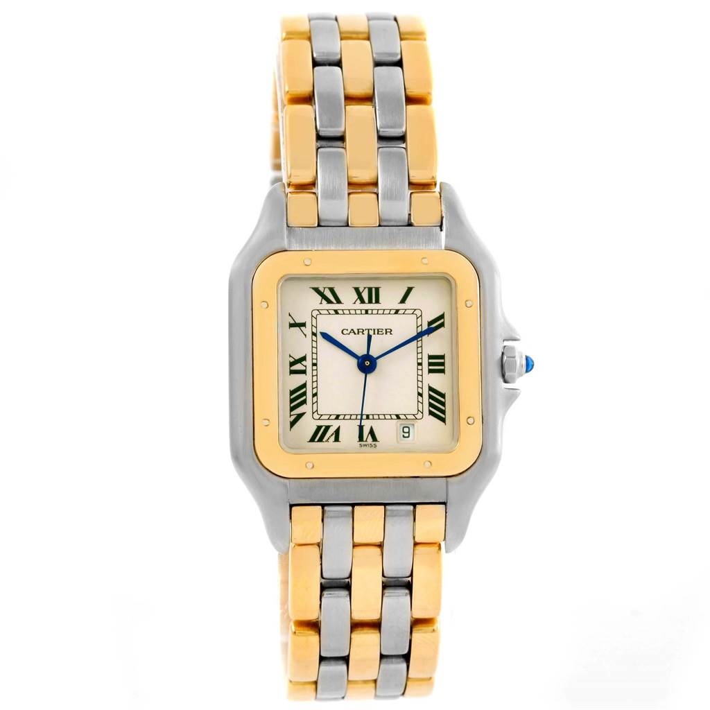 The image shows a frontal view of a Cartier Panthere W25028B6 Steel and Gold (two tone) Silver Dial W25028B6 Steel and Gold (two tone) Silver Dial watch, highlighting its two-tone metal bracelet and square dial with Roman numerals.